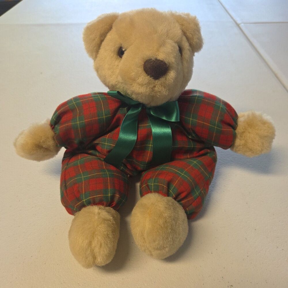 Hallmark Christmas Teddy Bear Red Green Plaid Plush Toy Vintage Holiday